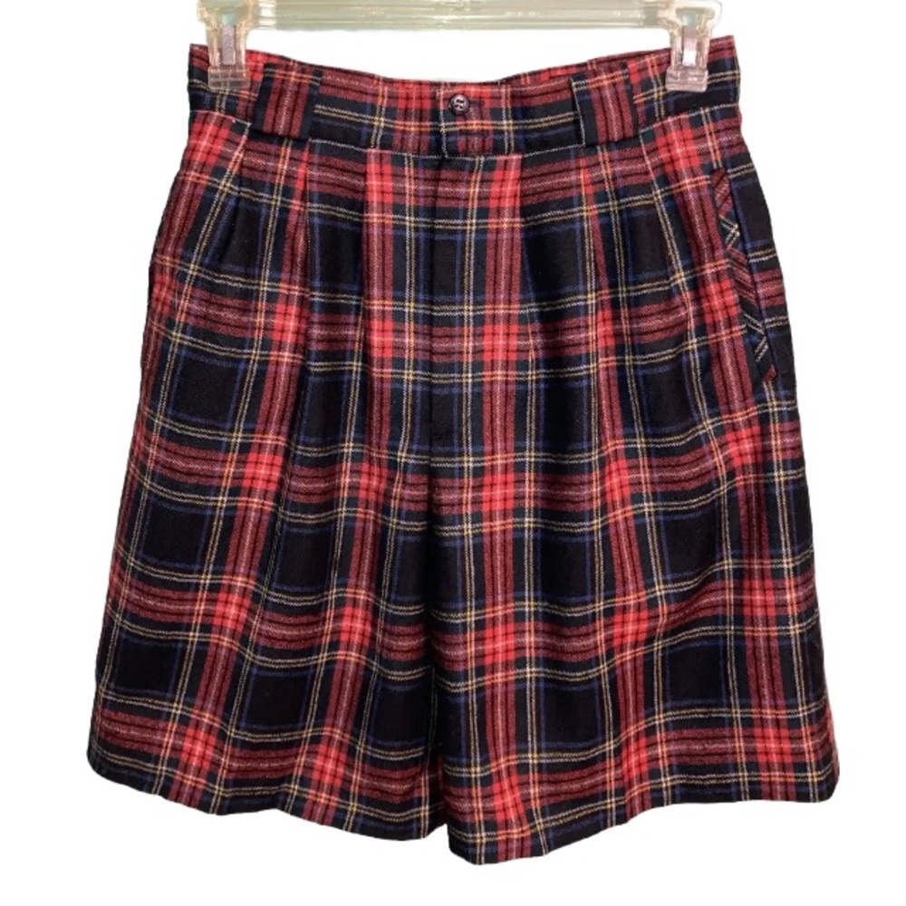 Vintage 90s Shorts Red Plaid Wool Wide Legs Pleated Front High Waist Women’s 12